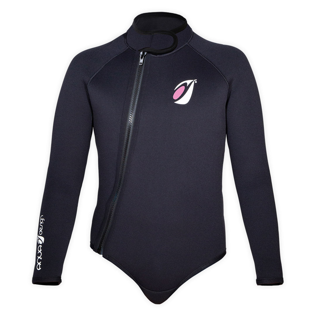 Bolero néoprène Frio 5mm noir face, logo rose Aquadesign, zip frontal, taille XXS