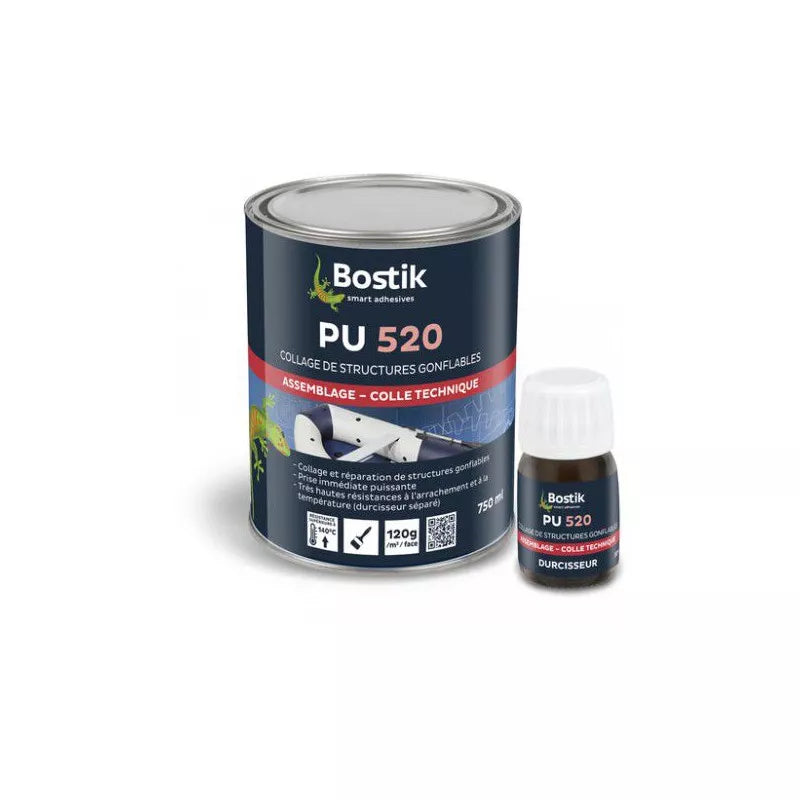 Colle PVC Bostik PU 520 bidon métal 750ml bleu marine avec durcisseur 30ml, colle technique structures gonflables