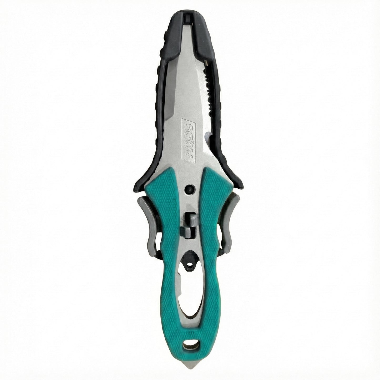 Couteau de sécurité kayak Everguard lame inox dentélée, manche turquoise et gris avec crochet coupe-ligne Aquadesign