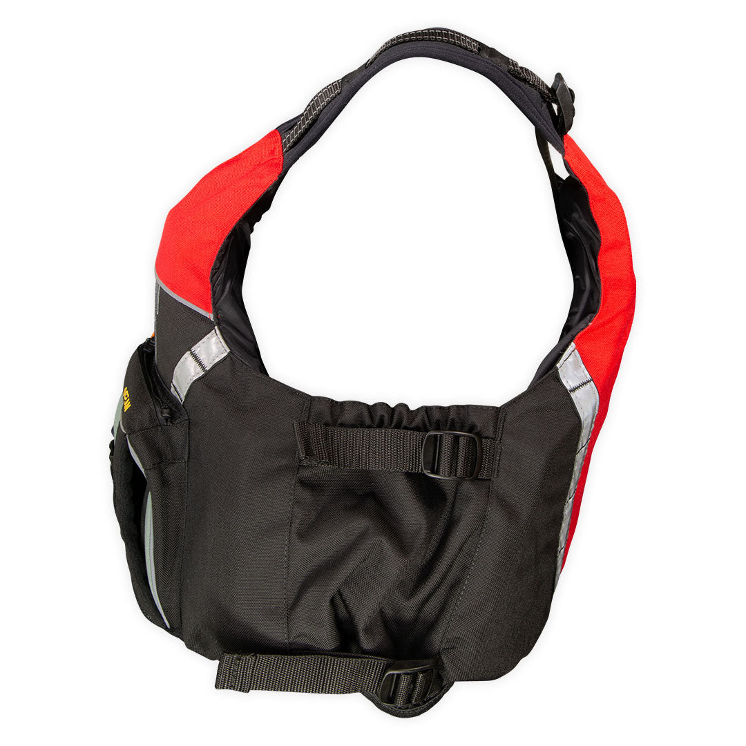Gilet kayak Ocean 70N rouge et noir vue profil intérieur, garnissage mousse 70N et bandes réfléchissantes