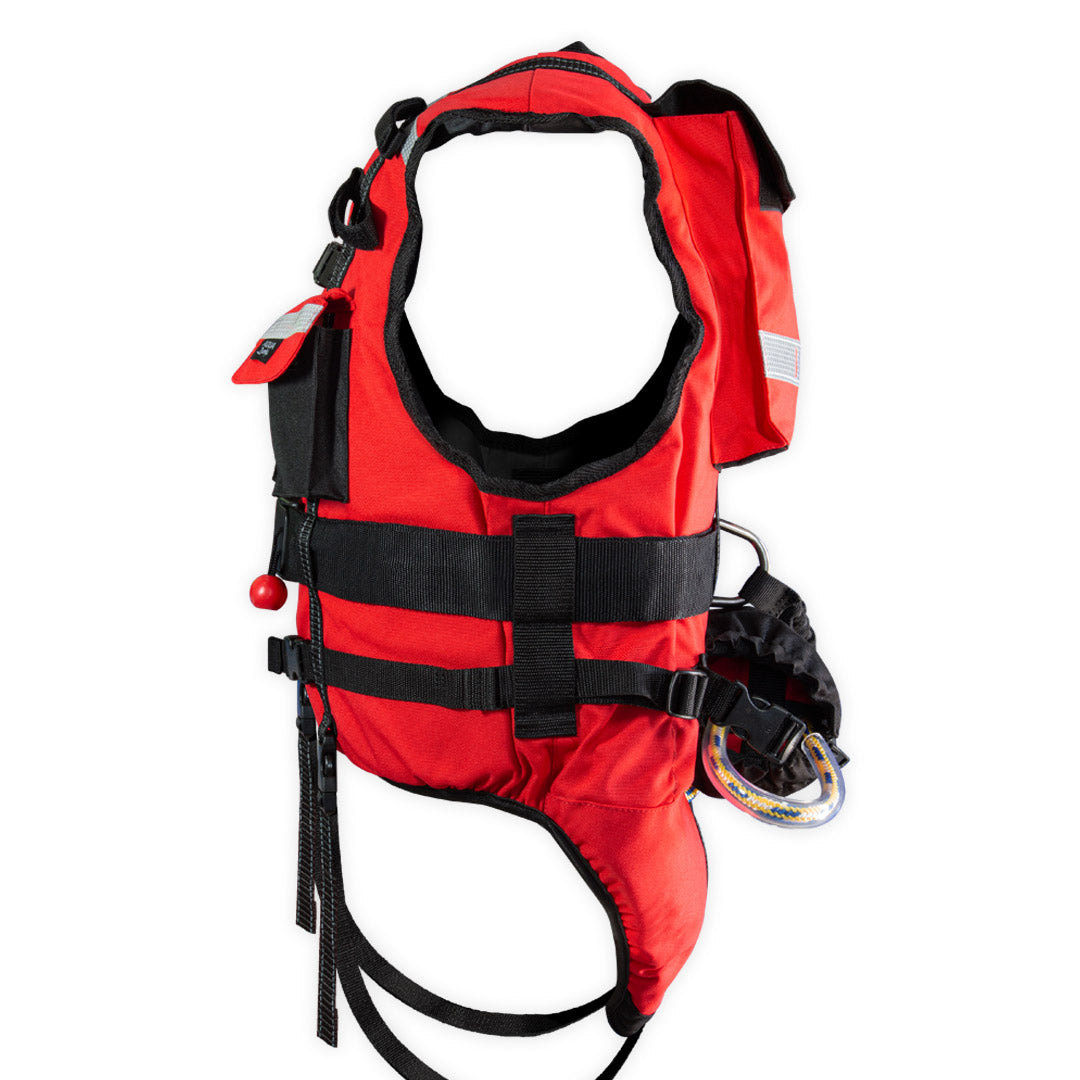 Gilet Rescue 70N rouge vue profil, détail mousqueton et poche corde sauvetage – Aquadesign