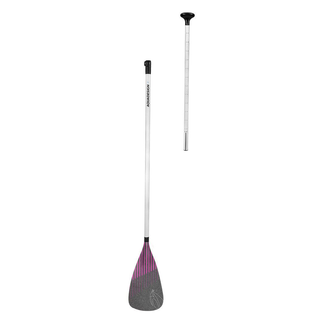 Pagaie SUP Instinct rose Aquadesign — pagaie montée et manche séparé côte à côte, tige blanche
