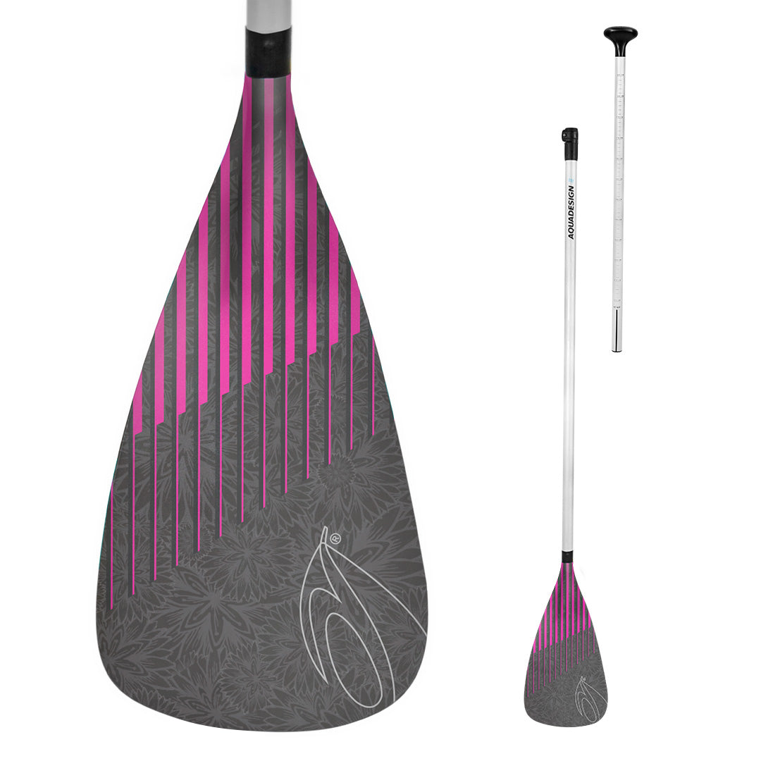 Pagaie SUP Instinct rose Aquadesign — gros plan pale graphite et rose, motif floral, avec pagaie entière