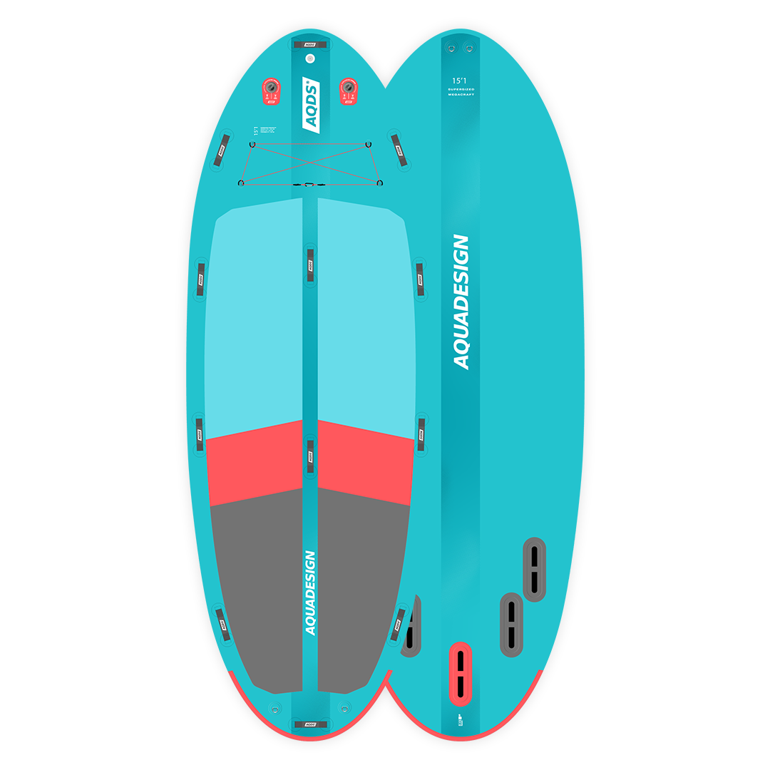 SUP gonflable géant Megacraft 15'1 bleu face et dos pack complet Aquadesign