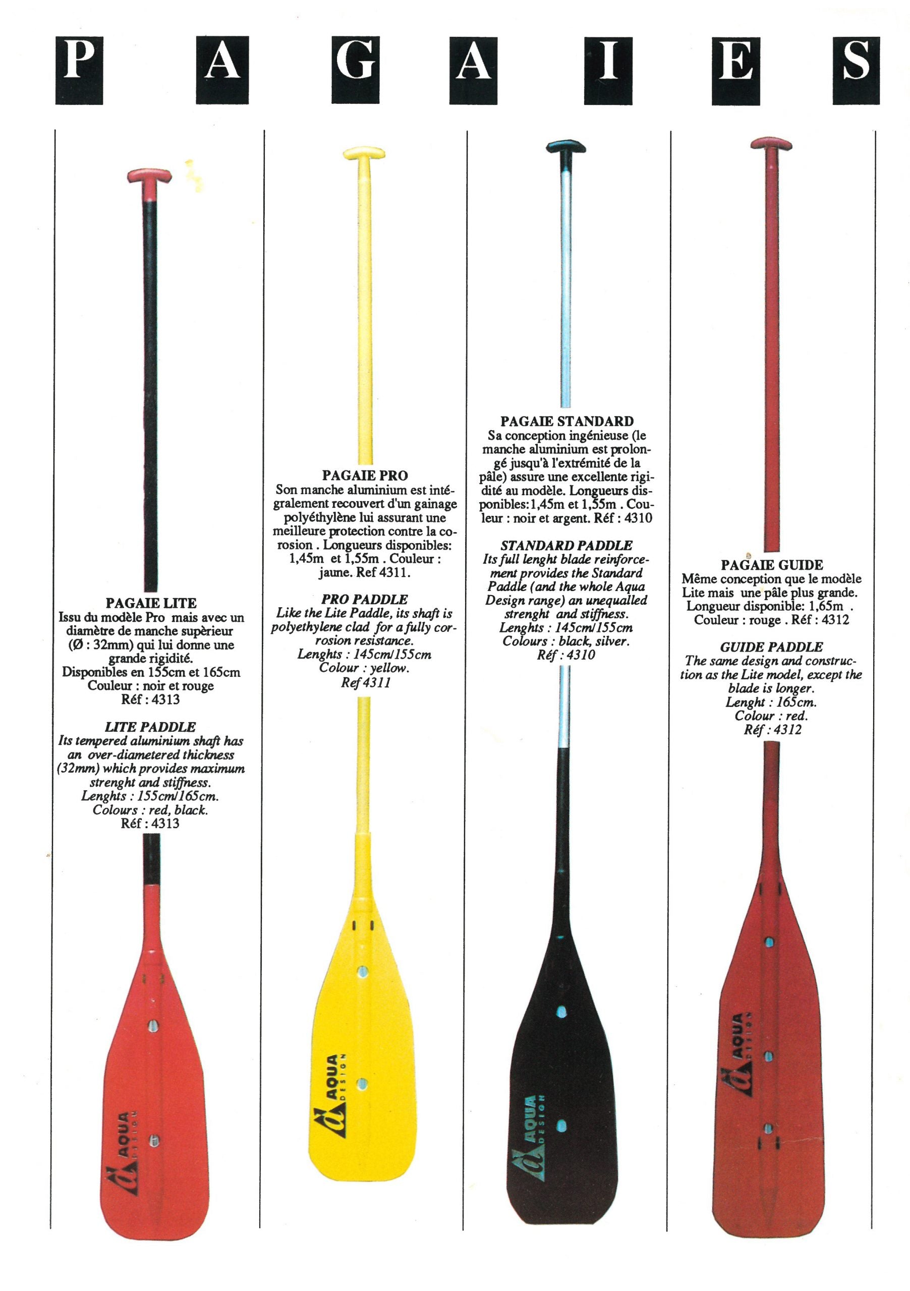 Gamme des premières pagaie de canoe et de raft proposés par Aquadesign dans les années 90 et 2000