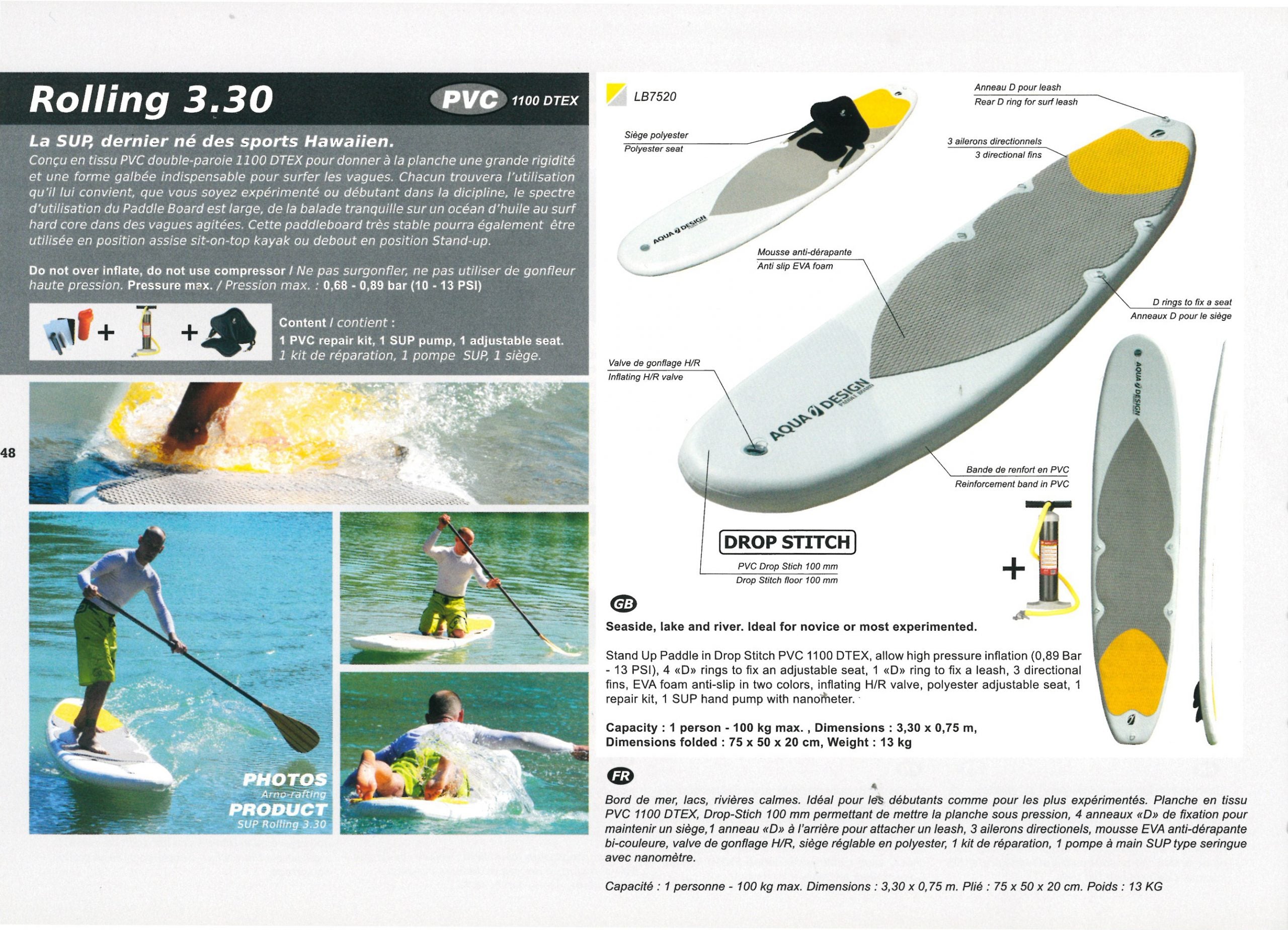 Scan d'une page catalogue d'un des premier modèle de stand up paddle aquadesign, modele rolling