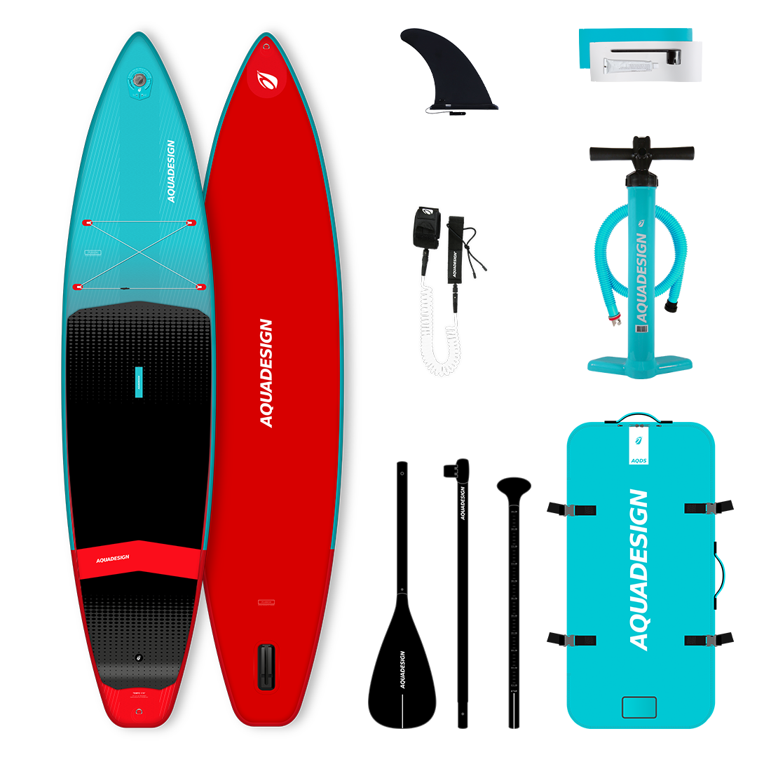 Image du pack de Stand up Paddle Tempo 11'6 avec les accessoires inclus dans le pack : Pagaie 3 parties, sac de transport, pompe SUP haute pression, leash de sécurité, kit de réparation et aileron