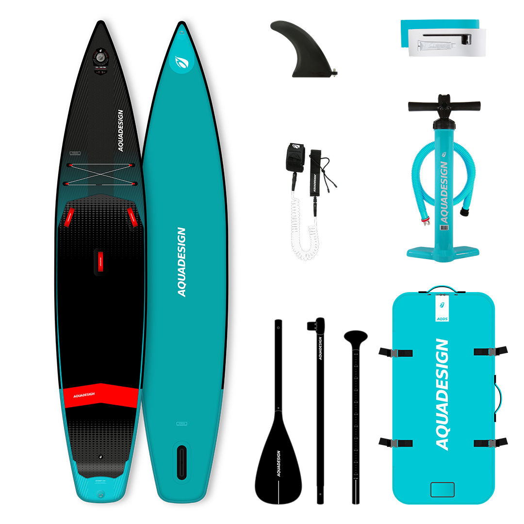 Image du pack de Stand up Paddle Air Swift 12'6 avec les accessoires inclus dans le pack : Pagaie 3 parties, sac de transport, pompe SUP haute pression, leash de sécurité, kit de réparation et aileron