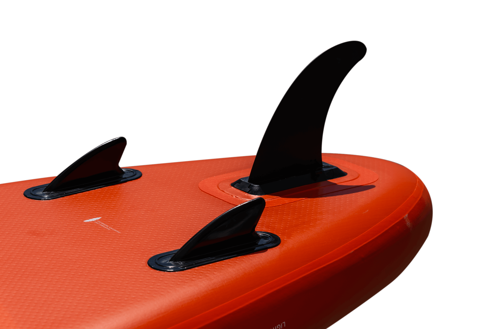 Image detail du Stand up Paddle Django 10'8, c'est l'arrière de la planche, afin de mettr en avant le trio d'ailerons