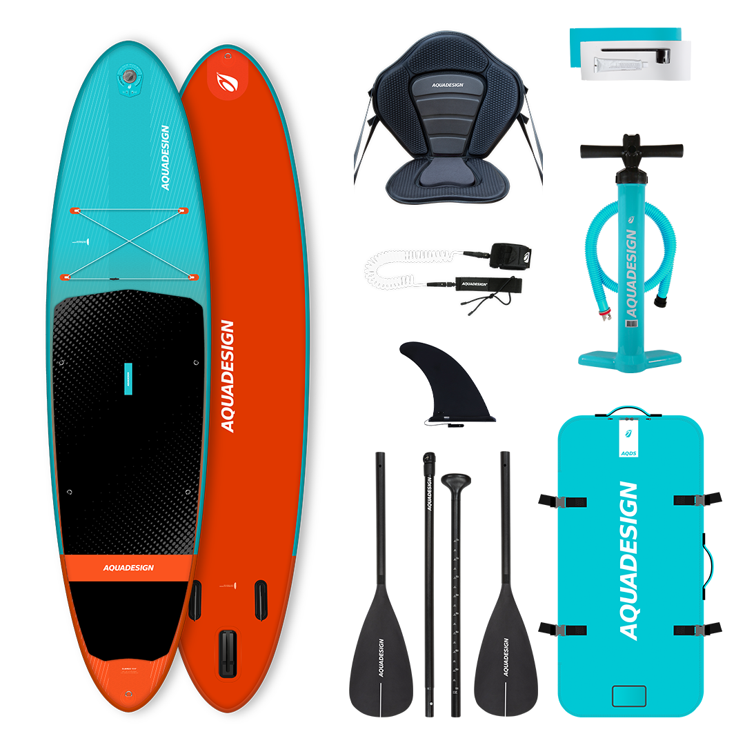Image du pack de Stand up Paddle Django 10'8 avec les accessoires inclus dans le pack : Pagaie 3 parties, sac de transport, pompe SUP haute pression, leash de sécurité, kit de réparation et aileron
