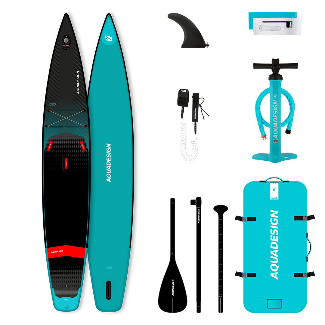 Image du pack de Stand up Paddle First 14' avec les accessoires inclus dans le pack : Pagaie 3 parties, sac de transport, pompe SUP haute pression, leash de sécurité, kit de réparation et aileron