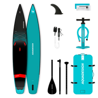 Image du pack de Stand up Paddle First 14' avec les accessoires inclus dans le pack : Pagaie 3 parties, sac de transport, pompe SUP haute pression, leash de sécurité, kit de réparation et aileron