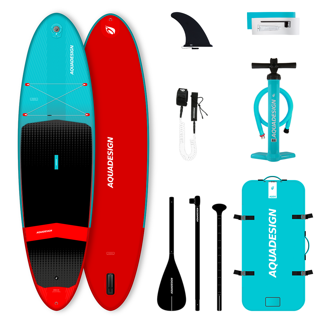 Image du pack de Stand up Paddle Kendo 10'6 avec les accessoires inclus dans le pack : Pagaie 3 parties, sac de transport, pompe SUP haute pression, leash de sécurité, kit de réparation et aileron