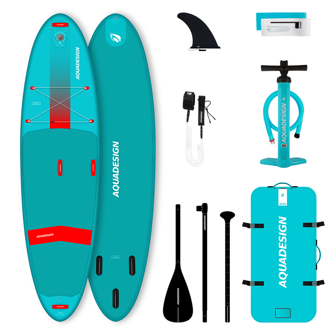 Image du pack de Stand up Paddle Iota 10' avec les accessoires inclus dans le pack : Pagaie 3 parties, sac de transport, pompe SUP haute pression, leash de sécurité, kit de réparation et aileron