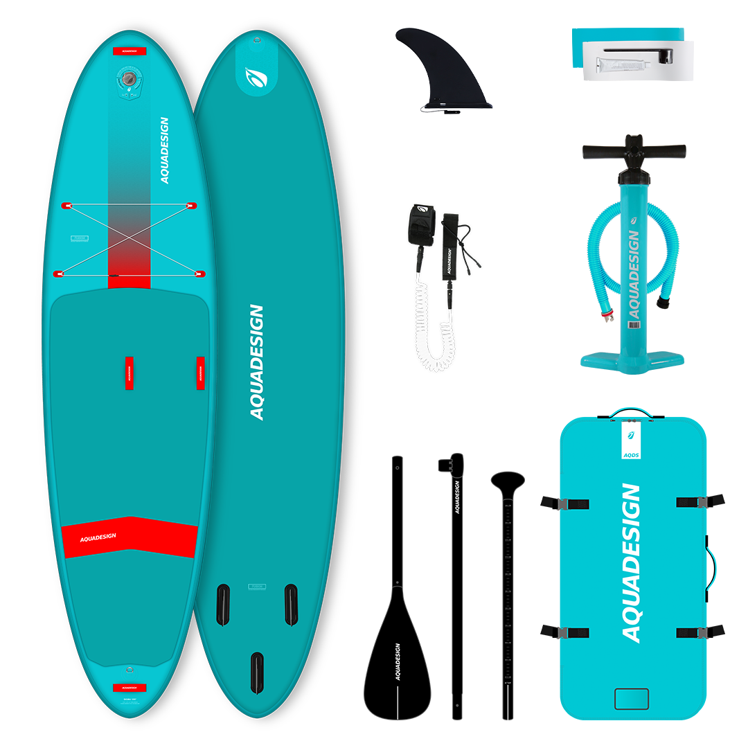 Image du pack de Stand up Paddle Sigma 10'8 avec les accessoires inclus dans le pack : Pagaie 3 parties, sac de transport, pompe SUP haute pression, leash de sécurité, kit de réparation et aileron