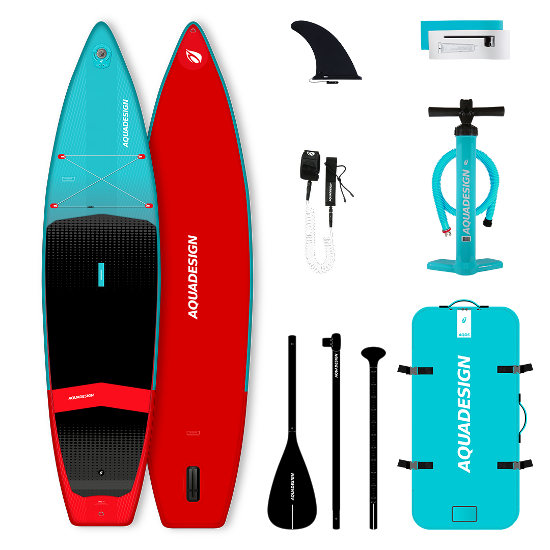 Image du pack de Stand up Paddle Arko 11' avec les accessoires inclus dans le pack : Pagaie 3 parties, sac de transport, pompe SUP haute pression, leash de sécurité, kit de réparation et aileron