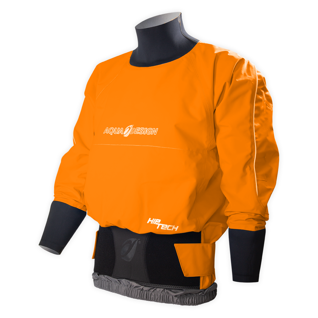 Anorak kayak étanche Hiptech Top orange vue 3/4 avant sur mannequin Aquadesign