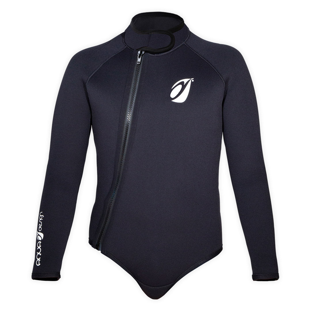 Bolero néoprène Frio 5mm noir face, logo blanc Aquadesign, zip asymétrique, taille 2XL