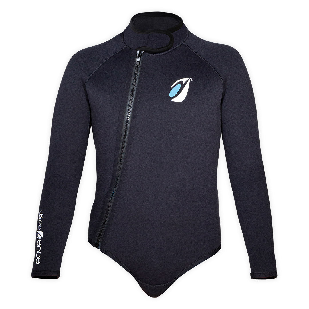 Bolero néoprène Frio 5mm noir face, logo bleu ciel Aquadesign, zip asymétrique, taille XS