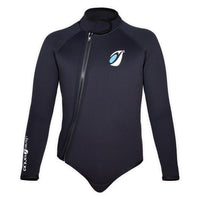 Bolero néoprène Frio 5mm noir face, logo bleu ciel Aquadesign, zip asymétrique, taille XS