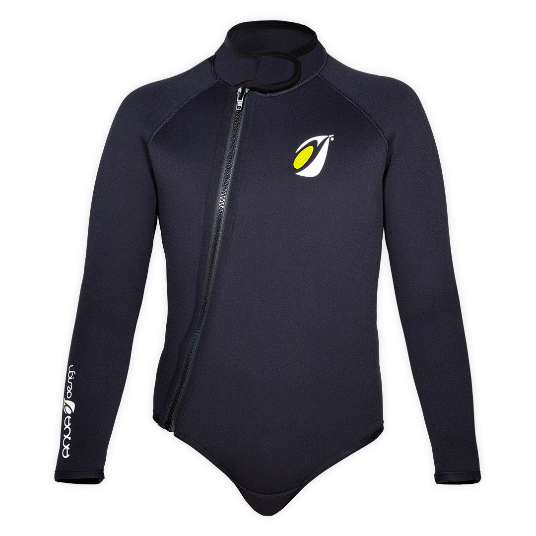 Bolero néoprène Frio 5mm noir face, logo jaune Aquadesign, col tubulaire, taille S