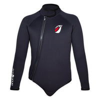 Bolero néoprène Frio 5mm noir face avant, logo rouge Aquadesign, zip frontal asymétrique, col montant