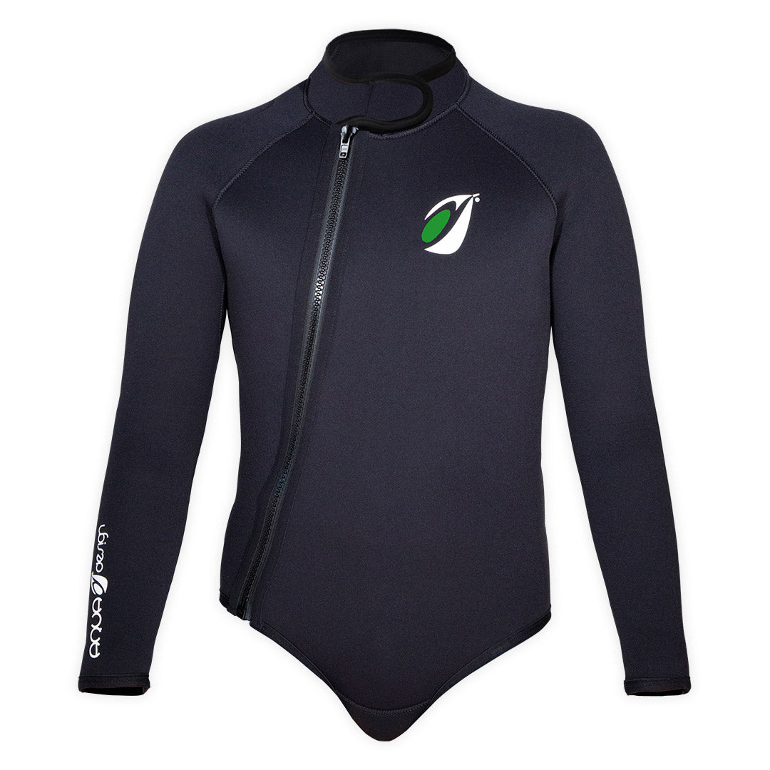 Bolero néoprène Frio 5mm noir face, logo vert Aquadesign, zip frontal, taille L