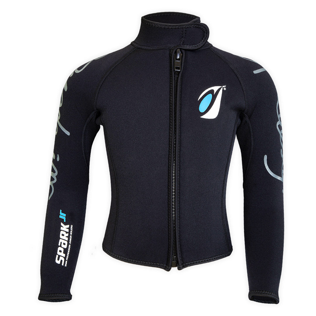 Bolero néoprène Spark Junior 3mm noir accents bleus, vue face, taille 10/12 ans, Aquadesign