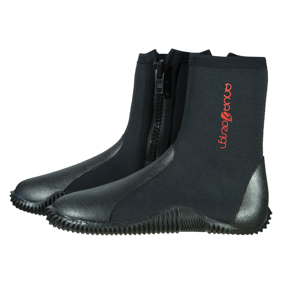 Botillons néoprène Alpine 5mm noirs et rouges vue 3/4 duo, fermeture éclair, Aquadesign