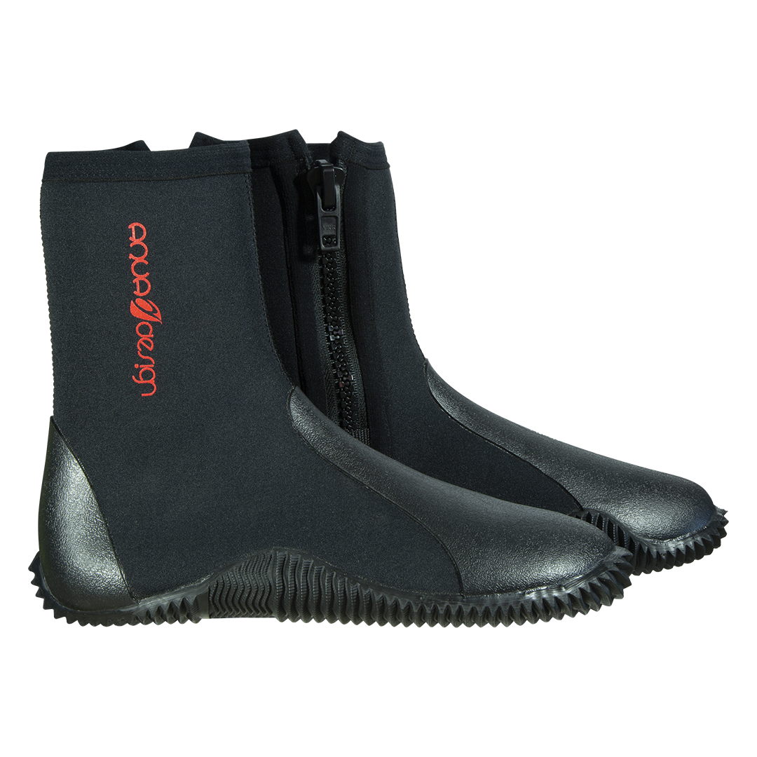 Botillons néoprène Alpine 5mm noirs rouges duo angle ouvert, zip latéral et coque avant, Aquadesign