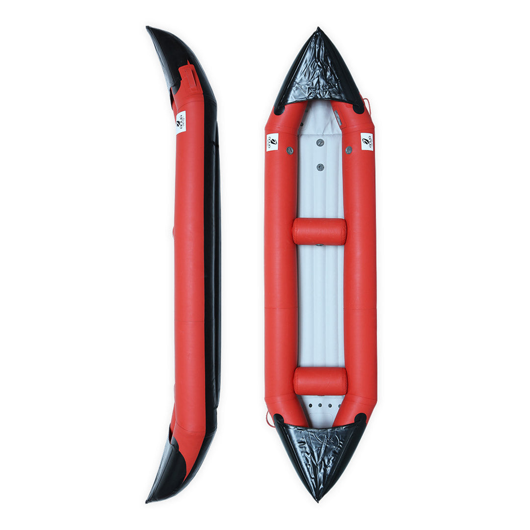 Canoë gonflable Hypalon Explorer II rouge Aquadesign 2 places — dessus et profil, eaux vives