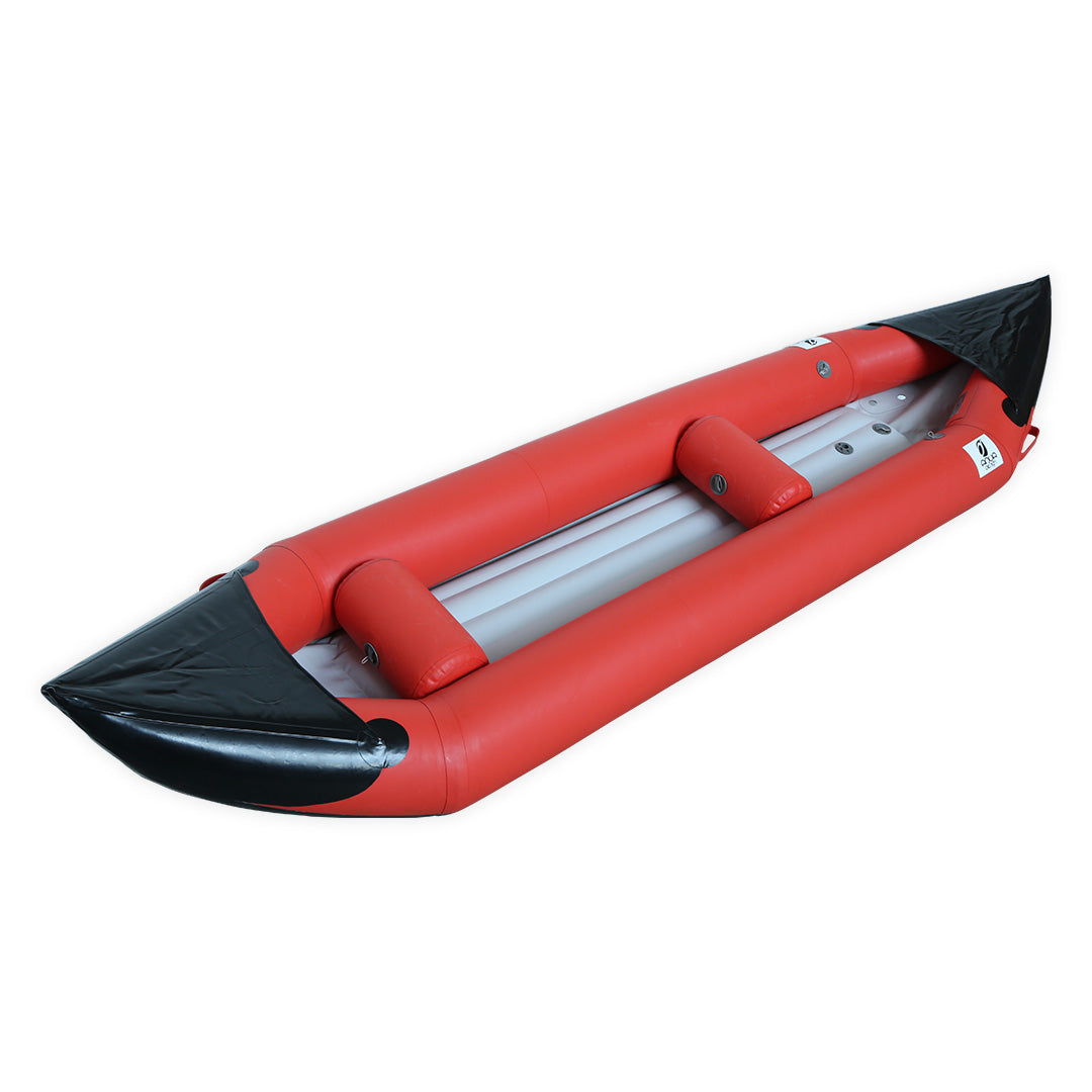 Canoë gonflable Hypalon Explorer II rouge Aquadesign — vue 3/4 arrière, banquettes 2 places