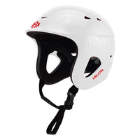 Casque eaux vives Helion Max blanc Aquadesign, vue 3/4 avec jugulaire noire et aérations rouges