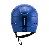 Casque eaux vives Helion Max bleu Aquadesign, vue de dos, arrière calotte bleue et jugulaire