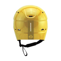 Casque eaux vives Helion Max jaune Aquadesign, vue de dos, arrière calotte jaune et jugulaire