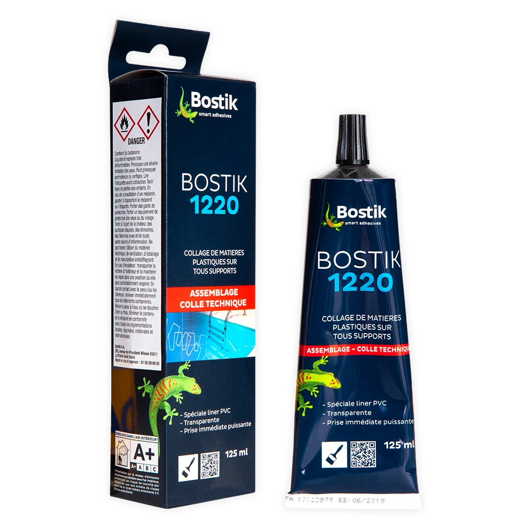 Colle PVC Bostik 1220 tube souple 125ml bleu marine avec boîte, colle contact multisupports