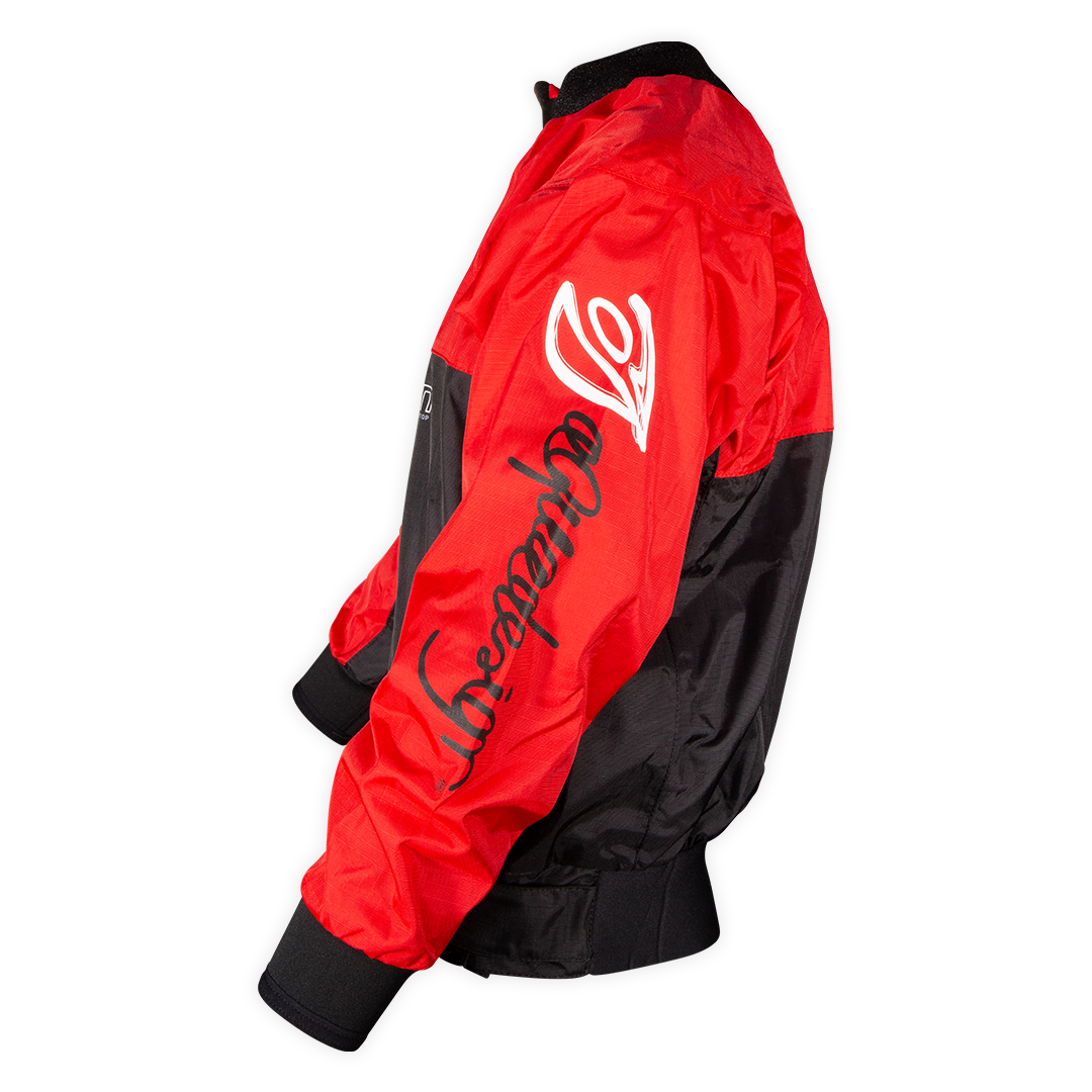 Coupe-vent kayak SUP Racing Aquadesign rouge et noir, vue de profil, studio