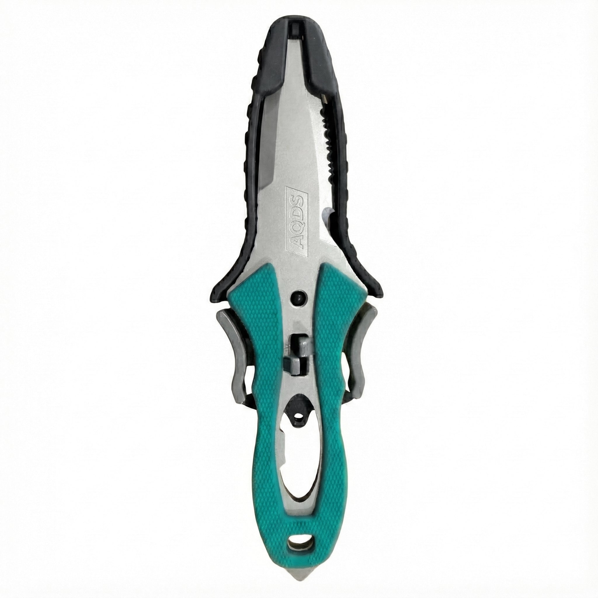 Couteau de sécurité kayak Everguard lame inox dentélée, manche turquoise et gris avec crochet coupe-ligne Aquadesign