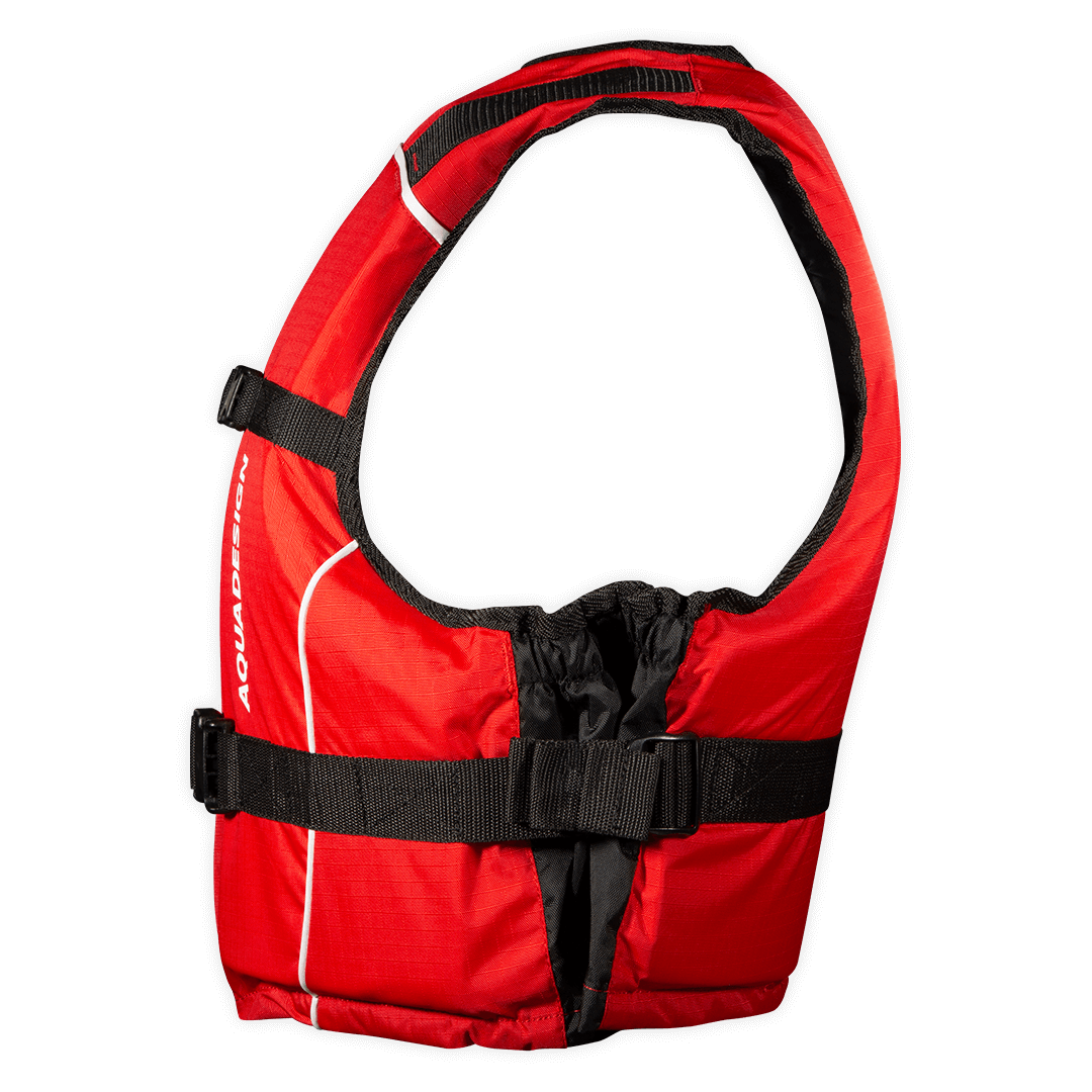 Gilet flottabilité 70N Trek Colors rouge Aquadesign taille M/L, vue profil ouverture ventrale