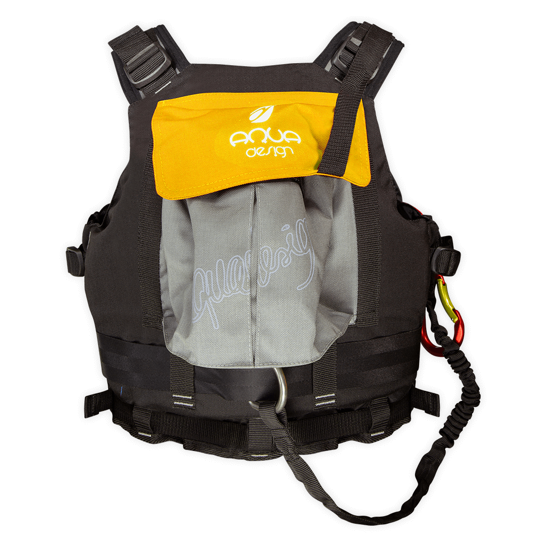 Gilet aide à la flottabilité 70N Trisuli jaune Aquadesign, vue de dos avec bretelles et scratch
