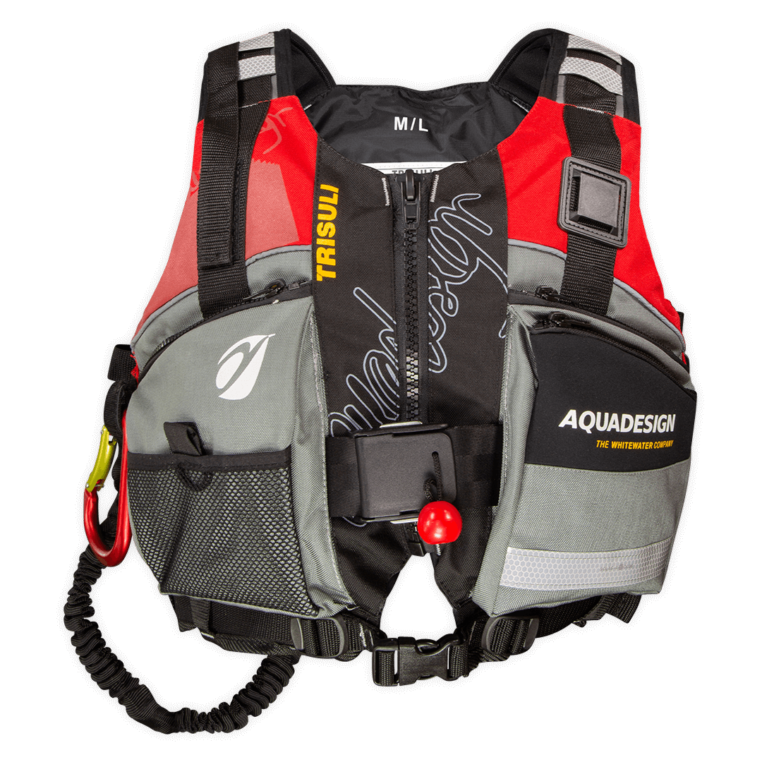 Gilet aide à la flottabilité 70N Trisuli rouge Aquadesign, vue de face avec étiquette taille M/L