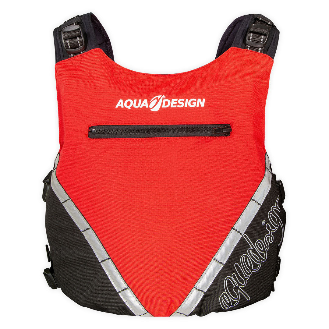 Gilet kayak Ocean 70N rouge dos avec poche zippée et bandes réfléchissantes dorsales – Aquadesign