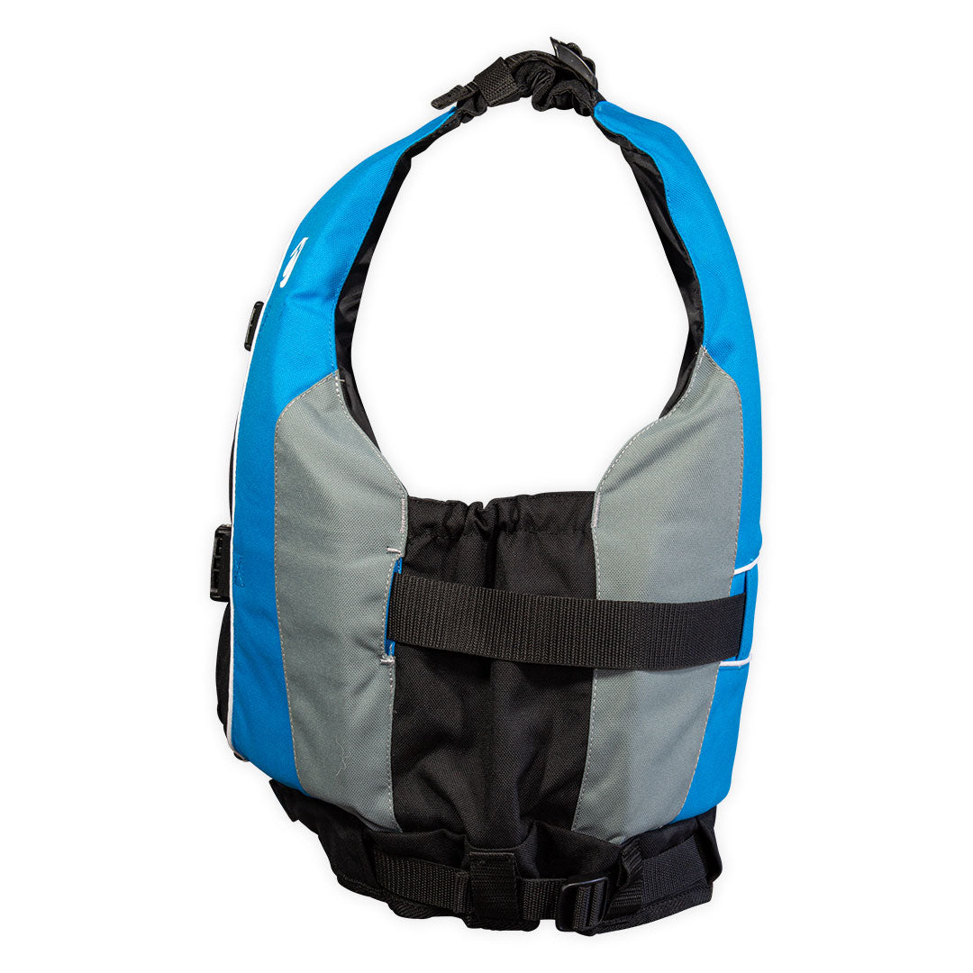 Gilet d'aide à la flottabilité Twist Pro 70N bleu et gris profil latéral sangle et encolure – Aquadesign