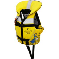 Gilet de sauvetage enfant Piko 100N jaune vue 3/4, logo Aquadesign et illustrations bleu enfant