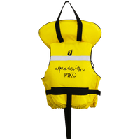 Gilet de sauvetage enfant Piko 100N jaune vue dos, inscription Aquadesign Piko et bande réfléchissante