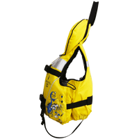 Gilet de sauvetage enfant Piko 100N jaune vue de profil, col flotteur relevé et sangle entrejambe 100N