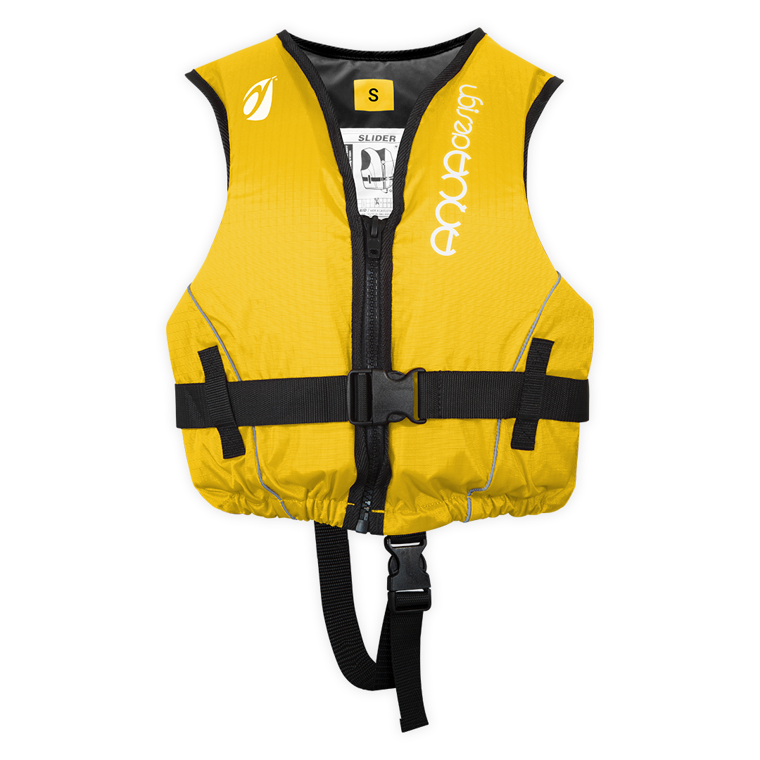 Gilet d'aide à la flottabilité 50N Slider Colors Aquadesign jaune taille S, face, studio