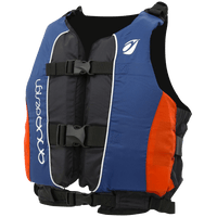 Gilet Twist Club 70N kayak bleu et rouge, vue 3/4 angle montrant les flotteurs latéraux, Aquadesign