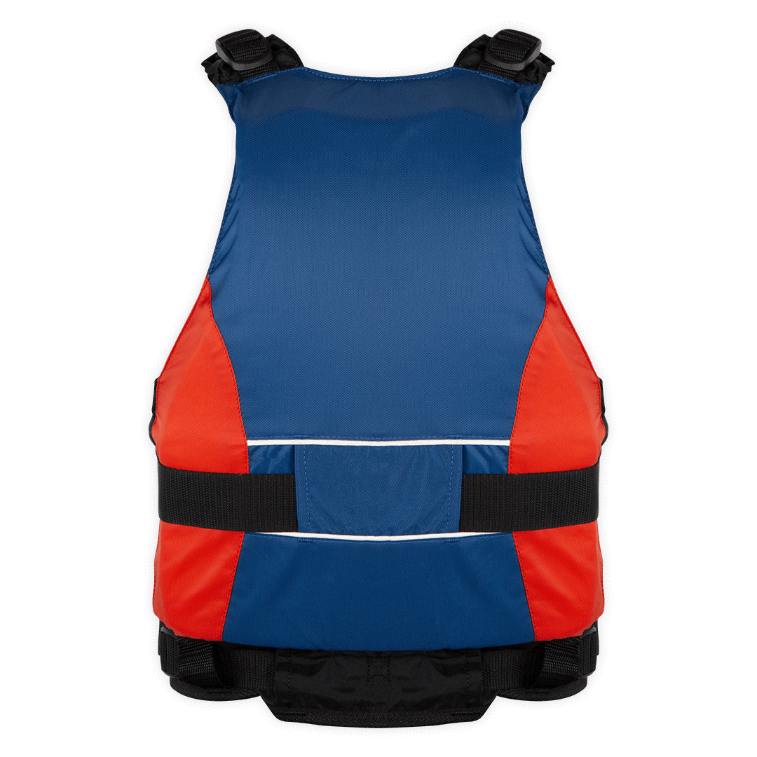 Gilet Twist Club 70N kayak bleu et rouge, vue de dos avec sangle lombaire, style épuré, Aquadesign
