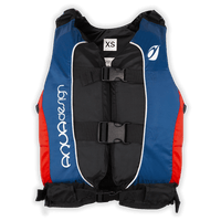 Gilet Twist Club 70N kayak bleu rouge et noir, vue de face studio, bretelles réglables, Aquadesign